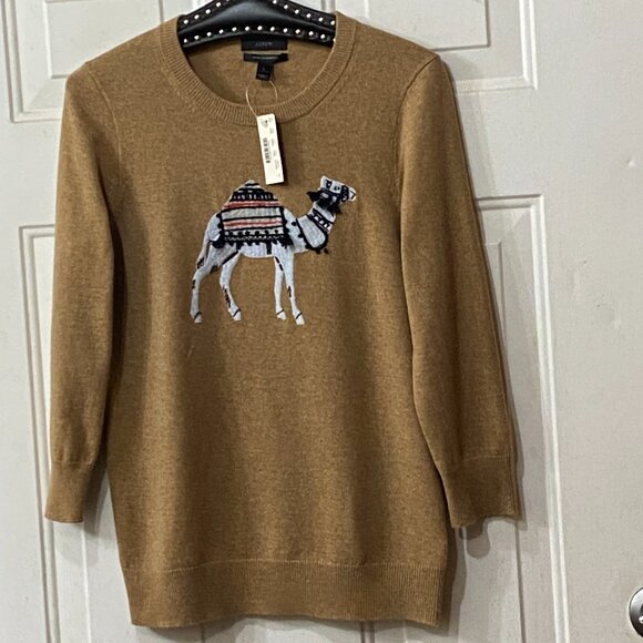 NWT J.Crew With Cashmere Sz L Sweater Pullover Camel Embroidered 3/4 Sleeve - Picture 1 of 13